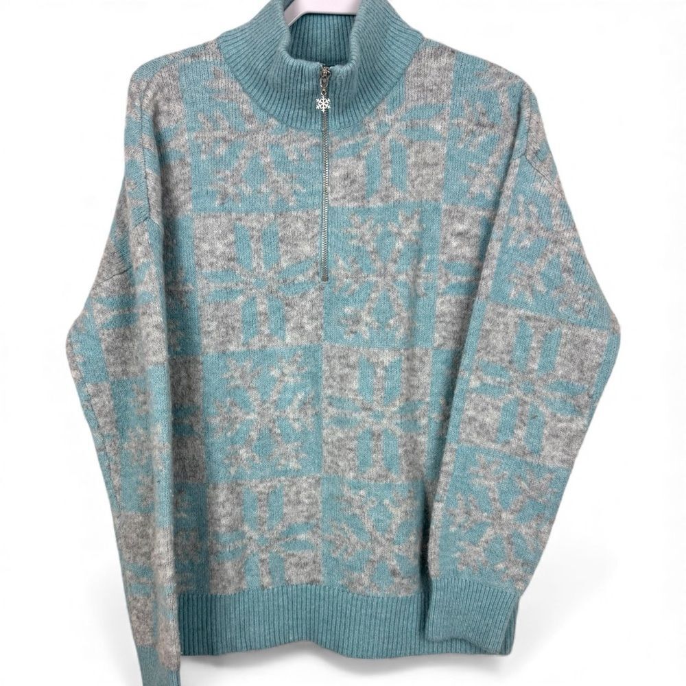 Loft Wool Blend Sweater Women’s Size Large Blue Grey Snowflake Knit Qtr Zip